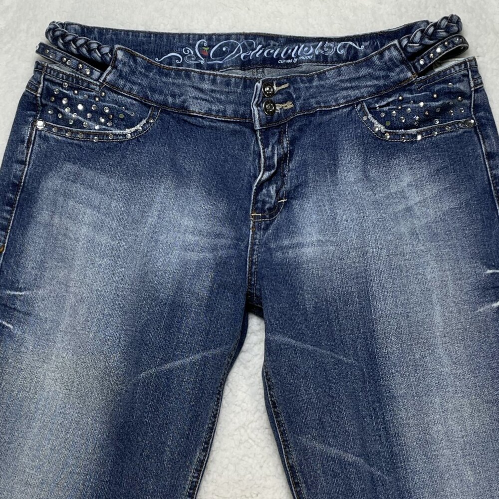 Mudd Jeans Delicious Curves Womens Sz 13 Blue Flare Leg Mid Rise Rhinestones - Picture 2 of 12